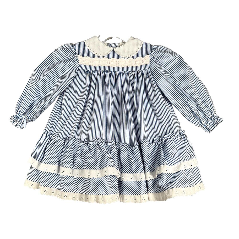 Lightening Bug Dress Girl 2T Blue White Stripe Ruffle A-Line Girly Nautical Boho